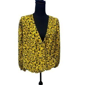 A. New Day Yellow Floral Long Sleeve V-Neck Wrap Blouse, Work Atire, OFFICE ATTI